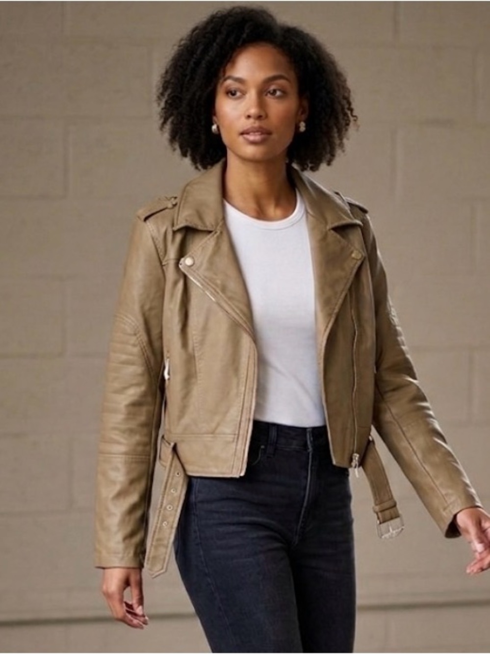 COLLECTION B New York Belted Moto Jacket, Women’s L, Desert Tan